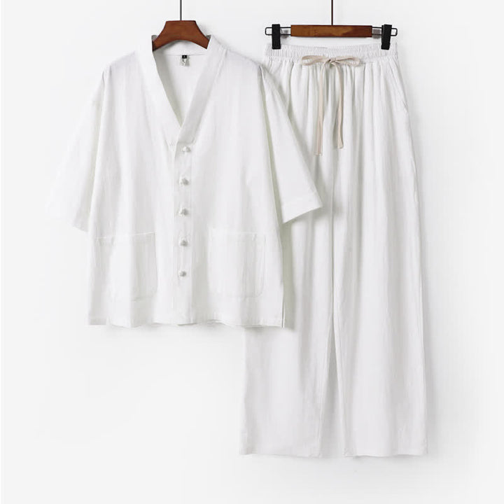 Buddha Stones 2Pcs Summer Tang Style Mandarin Collar Drawstring Solid Short Sleeve Shirt Pants Men's Meditation Cloth With Pockets - White - US/UK/AU54，EU64 (9XL) - image 0