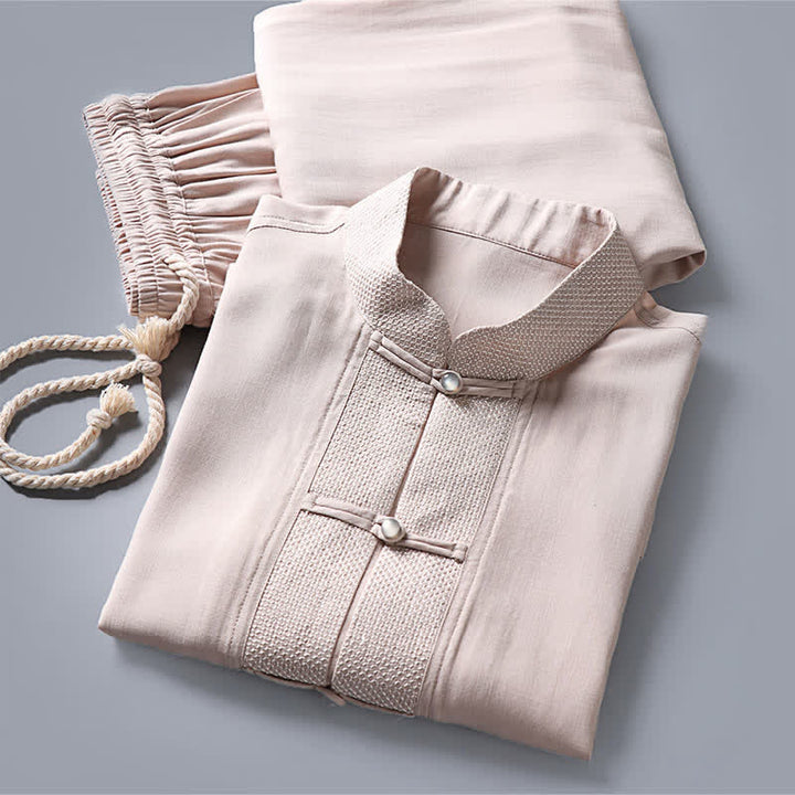 Buddha Stones 2Pcs Spring Tang Style Mandarin Collar Frog Button Solid Long Sleeve Shirt Pants Men's Meditation Cloth With Pockets - image 3