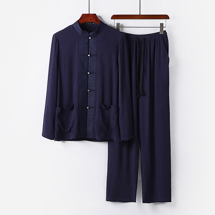 Buddha Stones 2Pcs Spring Tang Style Mandarin Collar Frog Button Solid Long Sleeve Shirt Pants Men's Meditation Cloth With Pockets - MidnightBlue - US/UK/AU48，EU58 (6XL) - image 14