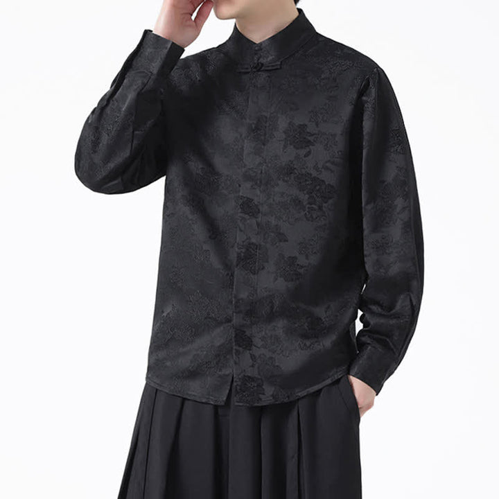 Buddha Stones Fall Elegant Tang Style Mandarin Collar Floral Men's Long Sleeve Shirts - image 4