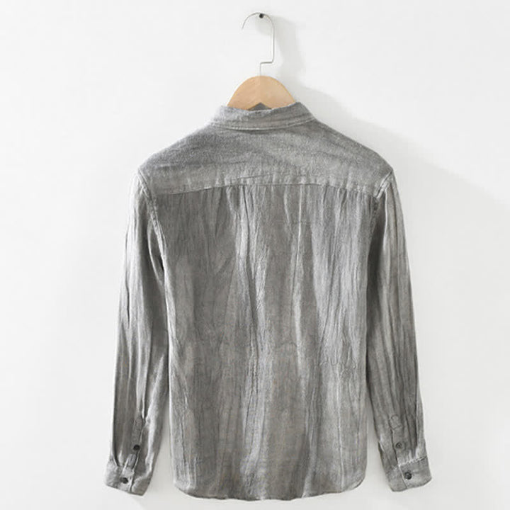Buddha Stones Spring Casual Button-Up Solid Linen Men's Long Sleeve Shirts - image 1