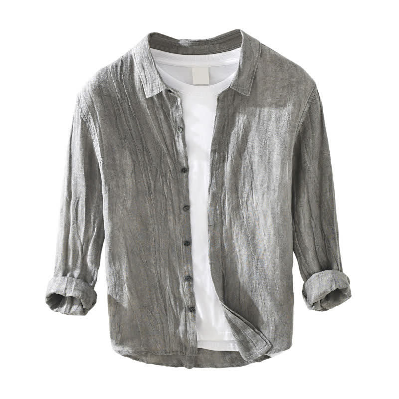 Buddha Stones Spring Casual Button-Up Solid Linen Men's Long Sleeve Shirts - image 2