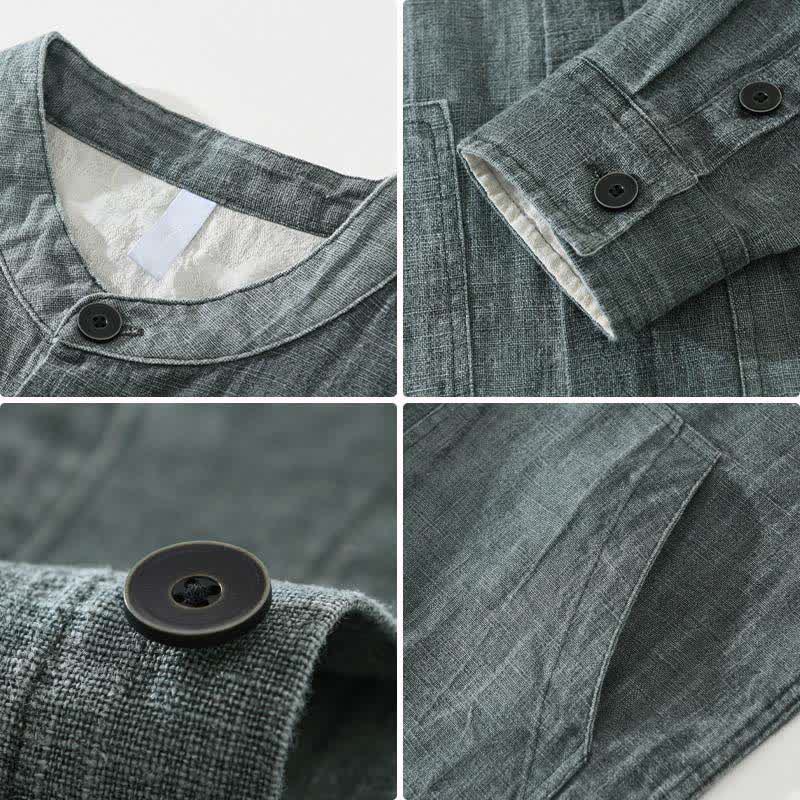 Buddha Stones Spring Fall Casual Solid Ramie Cotton Men's Jacket With Pockets - image 3