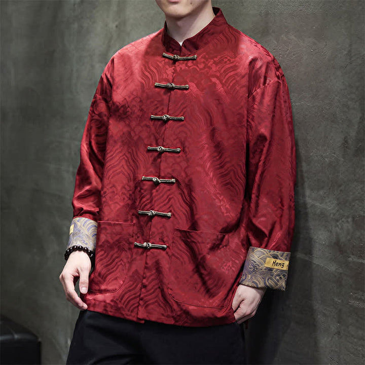 Buddha Stones Fall Winter Tang Style Elegant Mandarin Collar Abstract Wave Pattern Frog Button Men's Jacket With Pockets - image 2