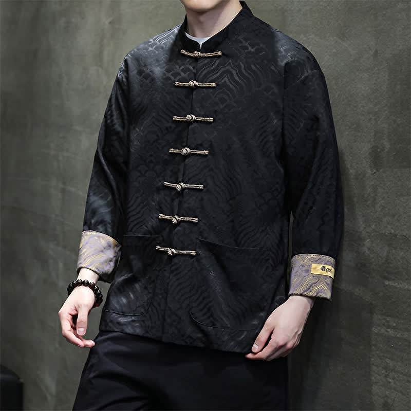 Buddha Stones Fall Winter Tang Style Elegant Mandarin Collar Abstract Wave Pattern Frog Button Men's Jacket With Pockets - image 19