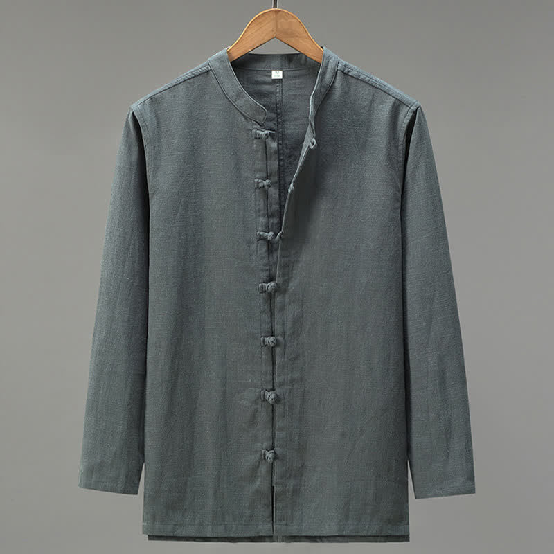 Buddha Stones Spring Casual Tang Style Frog Button Solid Men's Long Sleeve Shirts - DimGray - US/UK/AU42，EU52 (3XL) - image 12