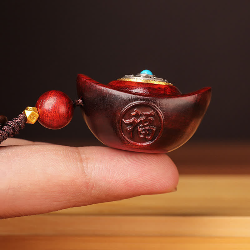 Buddha Stones Red Sandalwood Om Mani Padme Hum Yuanbao Wisdom Keychains - image 2
