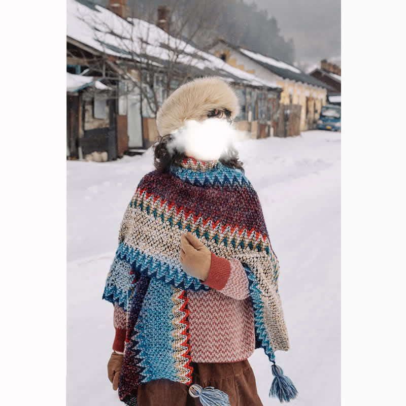 Buddha Stones Tibetan Shawl Blue Beige Red Wavy Pattern Winter Warm Tassel Scarf - image 3