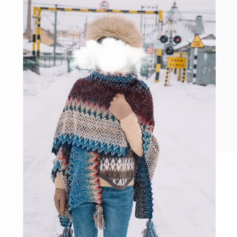 Buddha Stones Tibetan Shawl Blue Beige Red Wavy Pattern Winter Warm Tassel Scarf - image 4