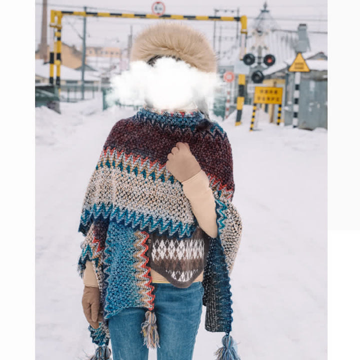 Buddha Stones Tibetan Shawl Blue Beige Red Wavy Pattern Winter Warm Tassel Scarf - image 4
