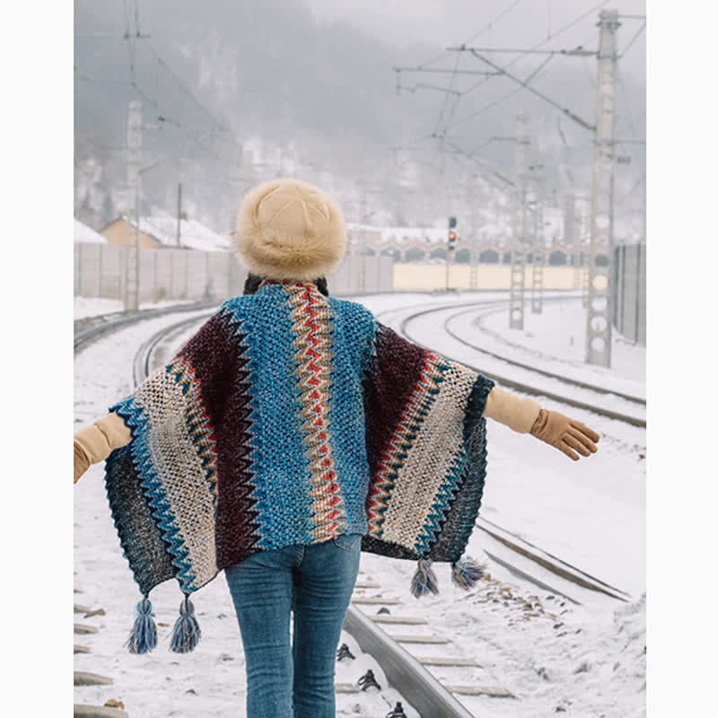 Buddha Stones Tibetan Shawl Blue Beige Red Wavy Pattern Winter Warm Tassel Scarf - image 5