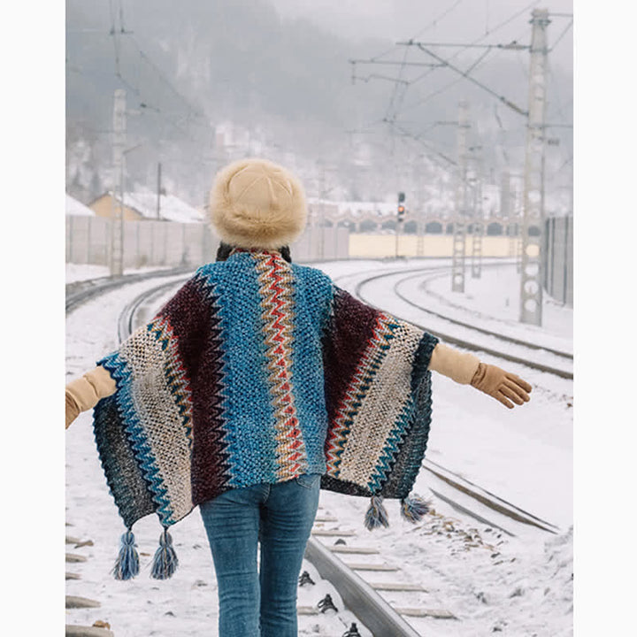Buddha Stones Tibetan Shawl Blue Beige Red Wavy Pattern Winter Warm Tassel Scarf - image 5