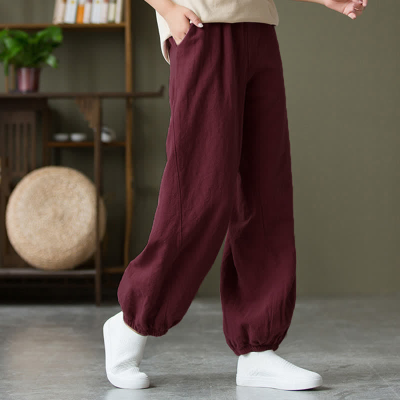 Buddha Stones Plain Color Ramie Linen Cotton Women's Pants With Pockets - image 61