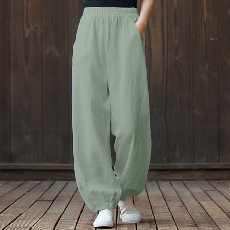 Buddha Stones Plain Color Ramie Linen Cotton Women's Pants With Pockets - image 68