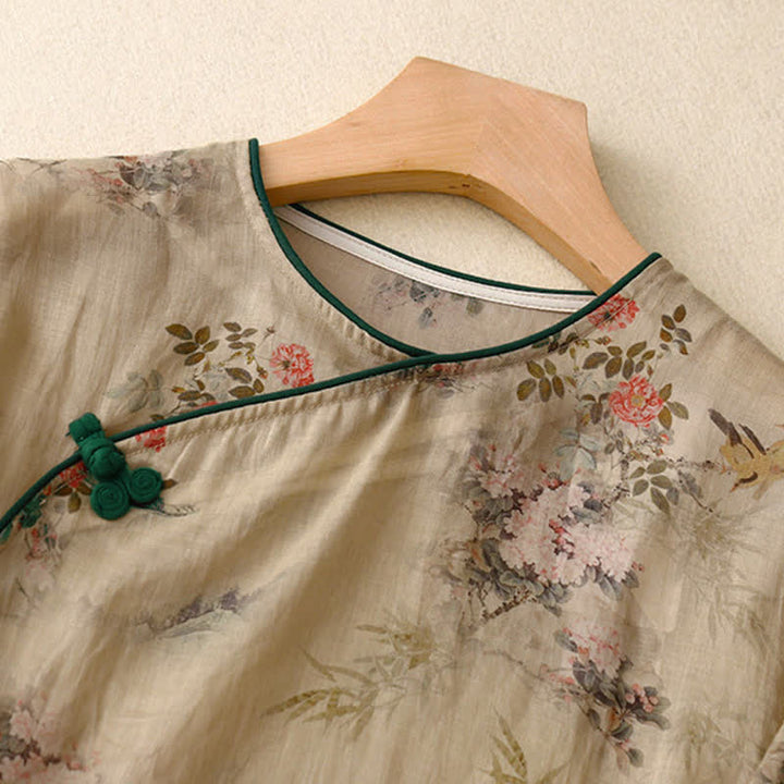 Buddha Stones Spring Summer Vintage Tang Style Frog Button Floral Women's Long Sleeve Shirts - image 2