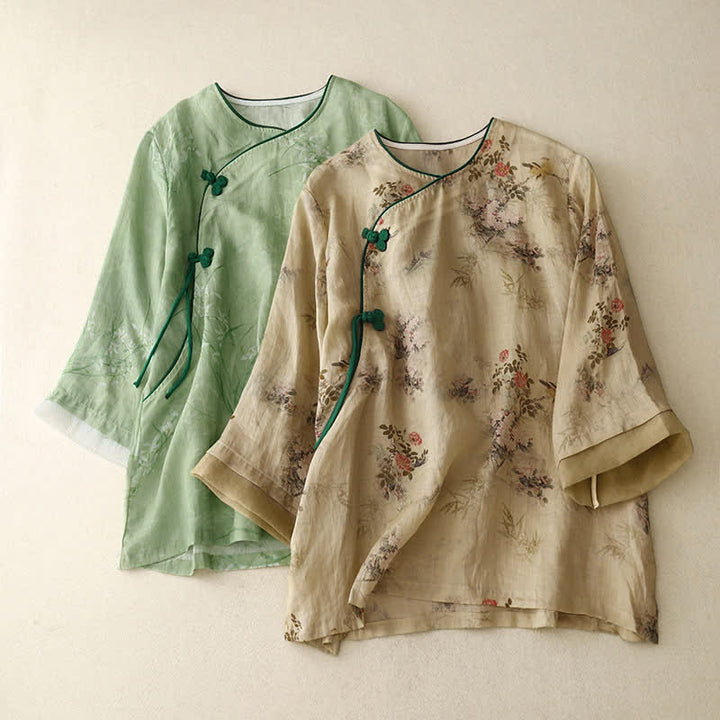 Buddha Stones Spring Summer Vintage Tang Style Frog Button Floral Women's Long Sleeve Shirts - image 18