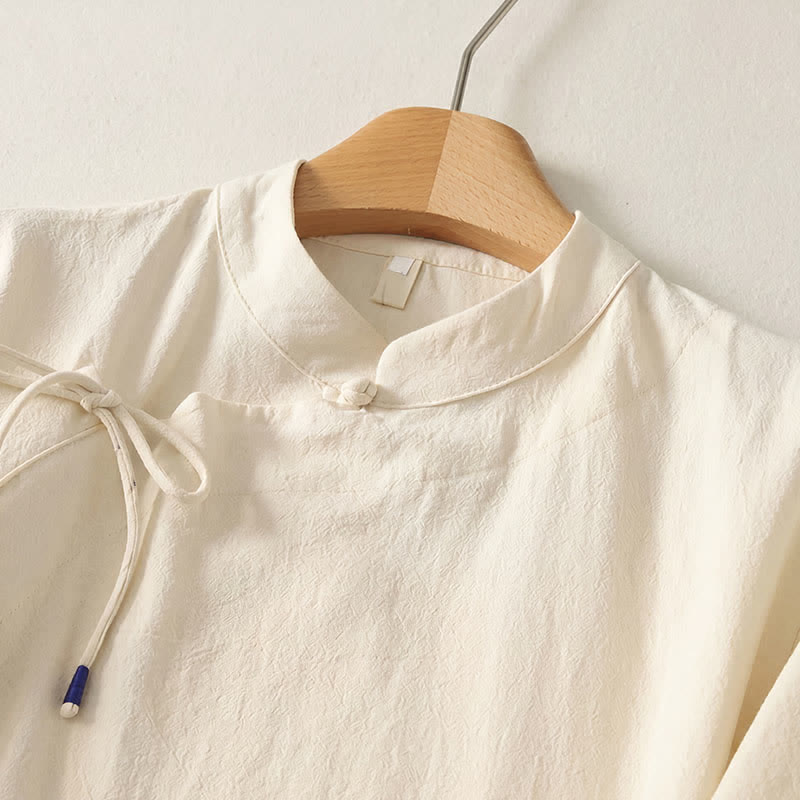 Buddha Stones Summer Casual Tang Style Mandarin Collar Solid Women's Short Sleeve Dresses - image 2