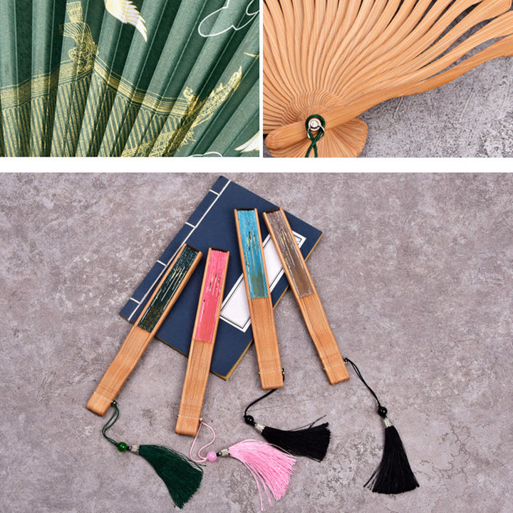 Buddha Stones Vintage Cloud Crane Pattern Handheld Bamboo Folding Fan - image 2