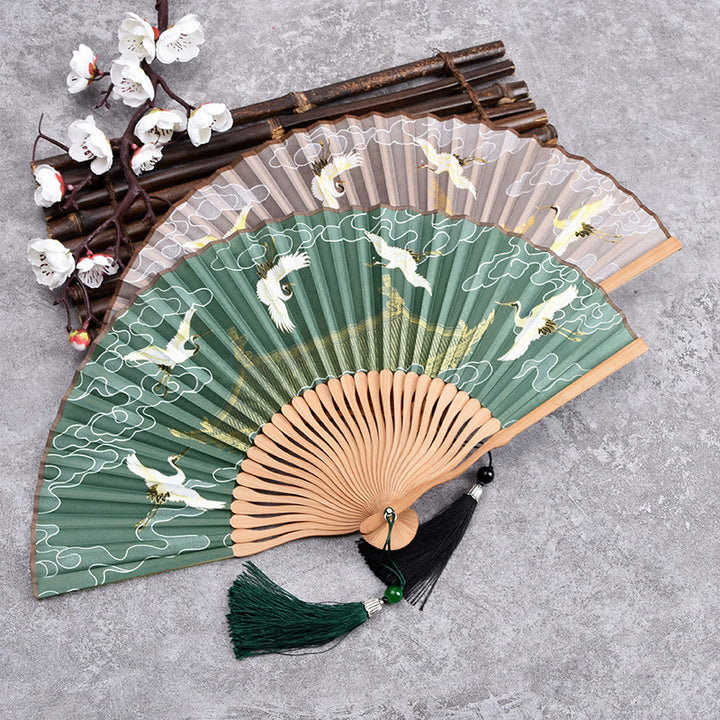 Buddha Stones Vintage Cloud Crane Pattern Handheld Bamboo Folding Fan - image 0