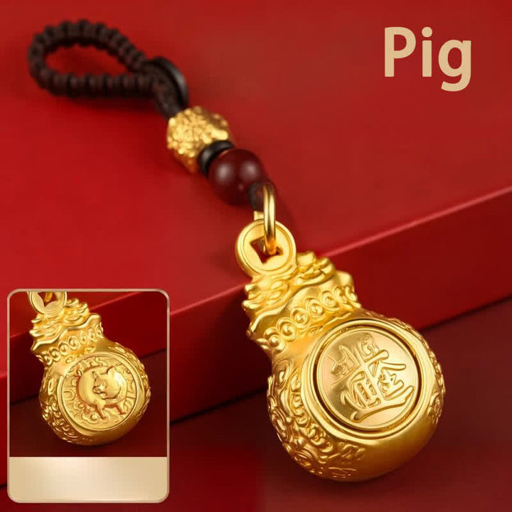 Buddha Stones "Make A Fortune Every Day" Golden Tone Copper Chinese Zodiac Fortune Money Bag Coins Keychains - Pig - image 28