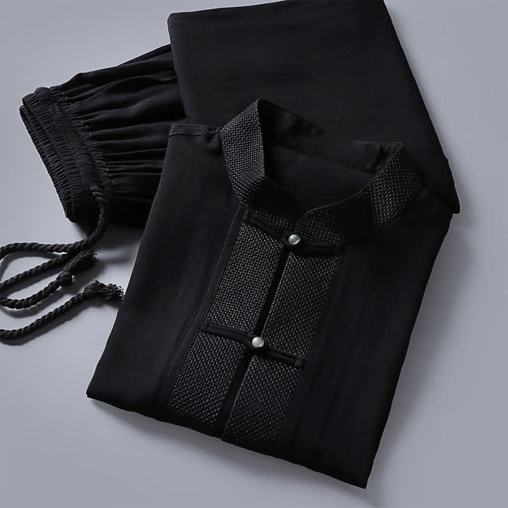 Buddha Stones 2Pcs Spring Tang Style Mandarin Collar Frog Button Solid Long Sleeve Shirt Pants Men's Meditation Cloth With Pockets - image 13