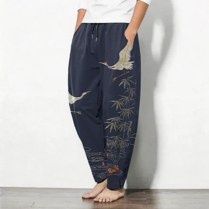 Buddha Stones Pure Cotton Crane Bamboo Wave Pattern Drawstring Men's Tapered Pants With Pockets - image 8
