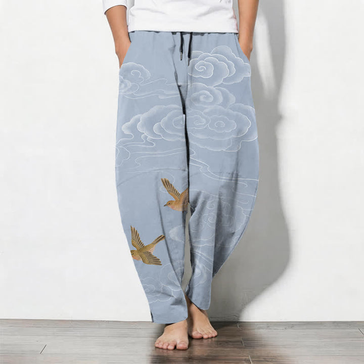 Buddha Stones Pure Cotton Auspicious Cloud Bird Pattern Drawstring Men's Tapered Pants With Pockets - LightBlue - US/UK/AU50，EU60 (5XL) - image 7