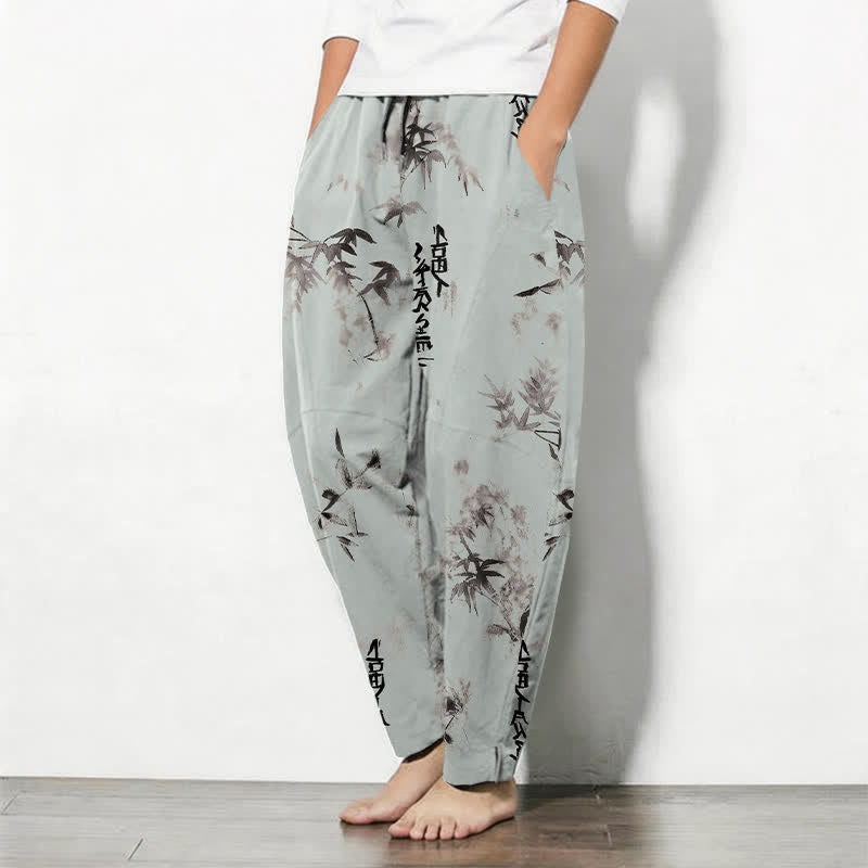 Buddha Stones Pure Cotton Ink Bamboo Calligraphy Pattern Drawstring Men's Tapered Pants With Pockets - image 12