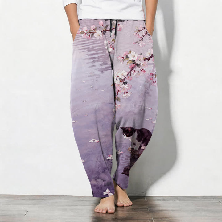 Buddha Stones Pure Cotton Sakura Cat Water Reflection Pattern Drawstring Men's Tapered Pants With Pockets - MediumPurple - US/UK/AU50，EU60 (5XL) - image 11