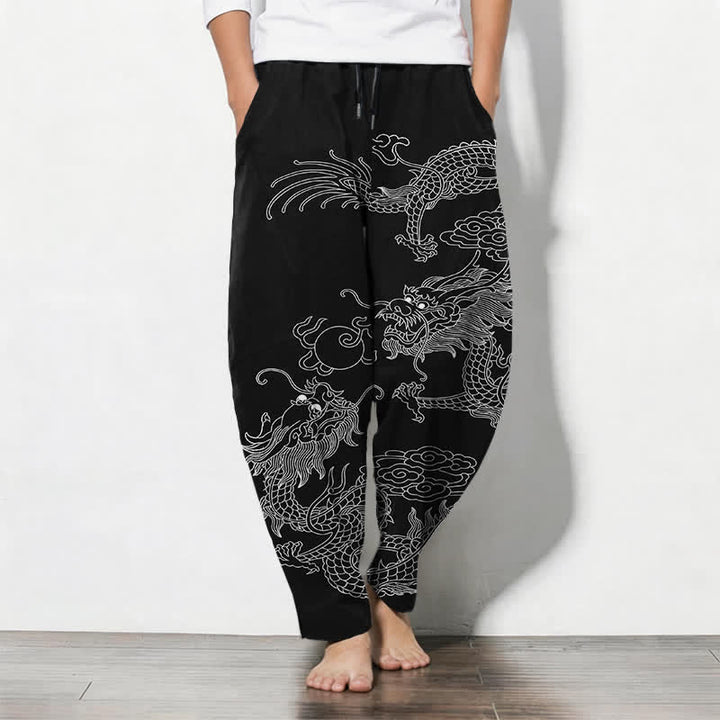 Buddha Stones Pure Cotton Imperial Dragon Pattern Drawstring Men's Tapered Pants With Pockets - Black - US/UK/AU50，EU60 (5XL) - image 0