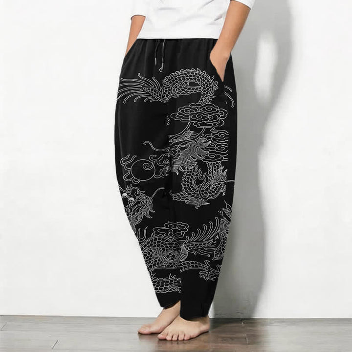 Buddha Stones Pure Cotton Imperial Dragon Pattern Drawstring Men's Tapered Pants With Pockets - image 1