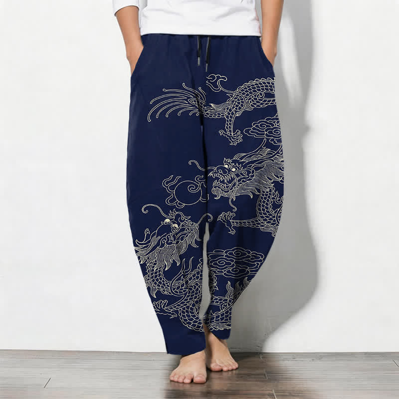 Buddha Stones Pure Cotton Imperial Dragon Pattern Drawstring Men's Tapered Pants With Pockets - Navy - US/UK/AU50，EU60 (5XL) - image 7
