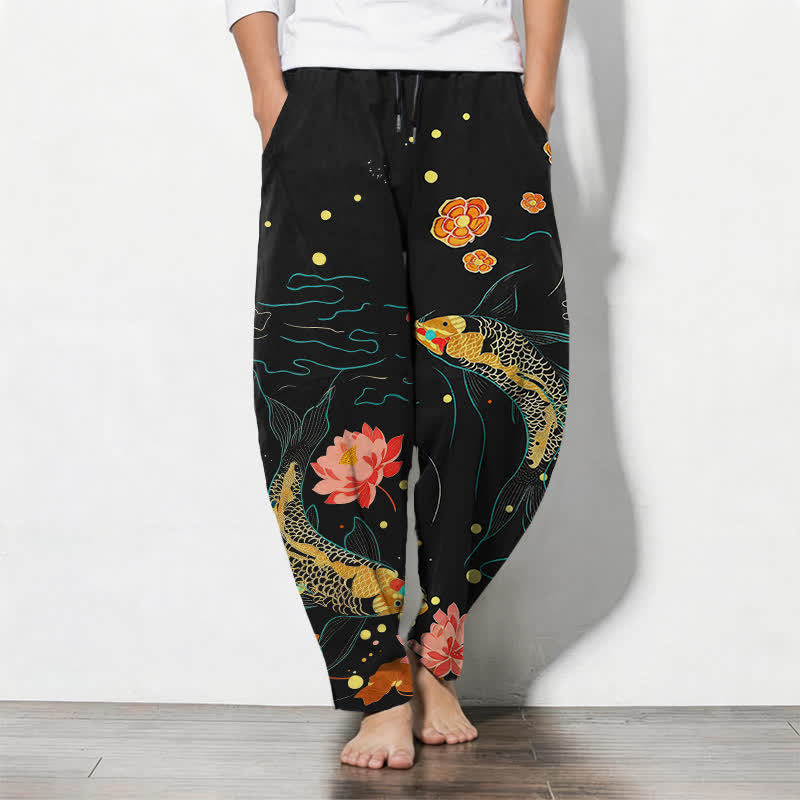 Buddha Stones Pure Cotton Golden Koi Lotus Wave Pattern Drawstring Men's Tapered Pants With Pockets - Black - US/UK/AU50，EU60 (5XL) - image 0