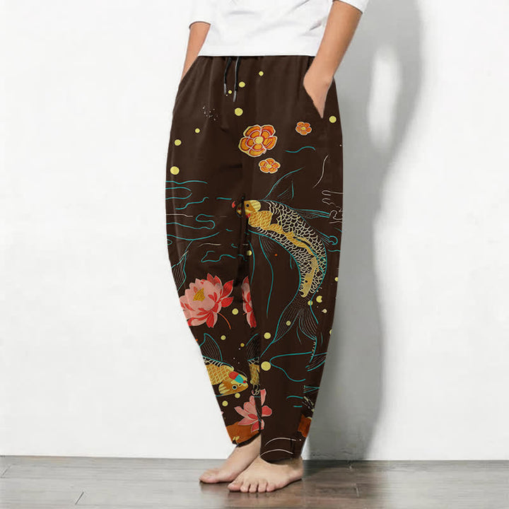 Buddha Stones Pure Cotton Golden Koi Lotus Wave Pattern Drawstring Men's Tapered Pants With Pockets - image 12