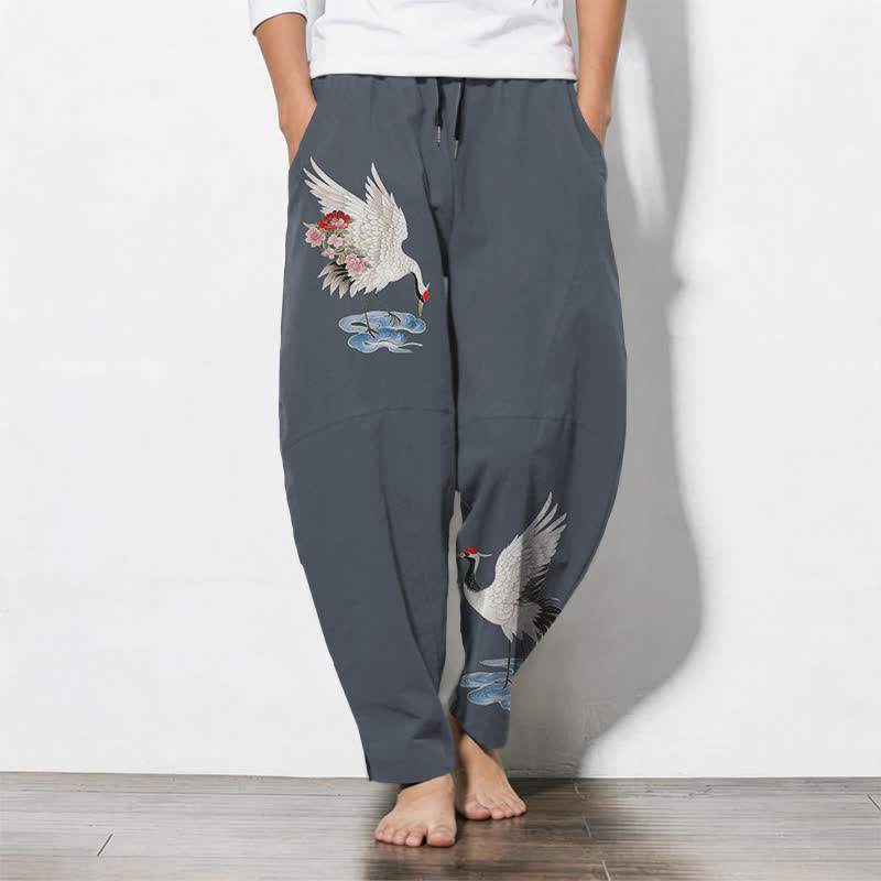 Buddha Stones Pure Cotton Red Crown Crane Pattern Drawstring Men's Tapered Pants With Pockets - SteelBlue - US/UK/AU50，EU60 (5XL) - image 0