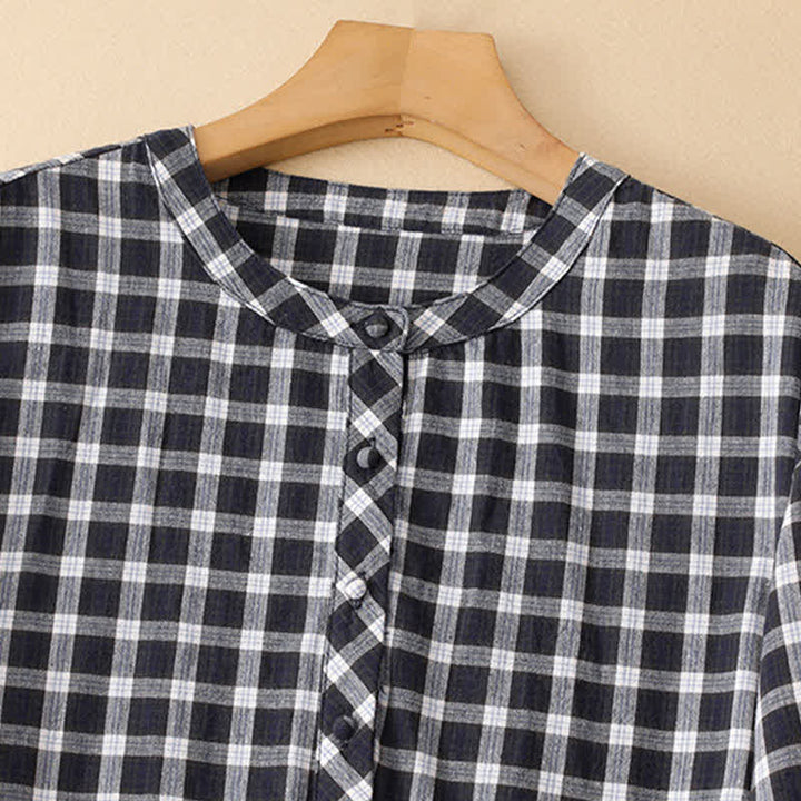 Buddha Stones Spring Casual Vintage Button-Up Black White Plaid Women's Long Sleeve Dress With Pocket - image 2