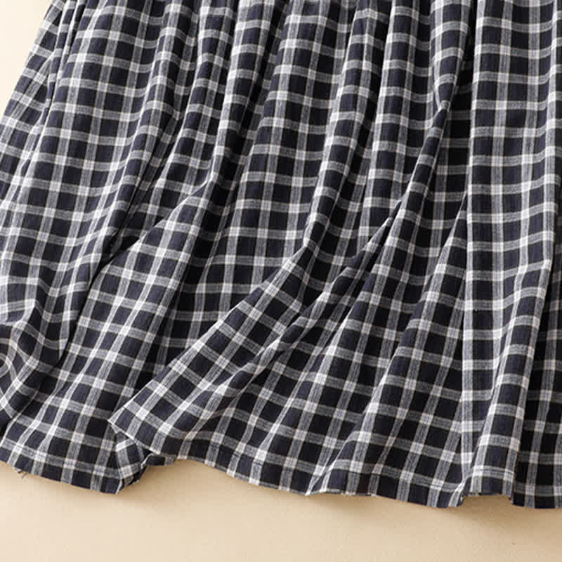 Buddha Stones Spring Casual Vintage Button-Up Black White Plaid Women's Long Sleeve Dress With Pocket - image 8