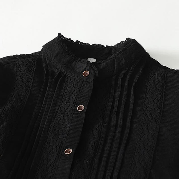 Buddha Stones Spring Fall Tang Style Vintage Button-Up Pleated Trim Solid Women's Long Sleeve Dress With Pocket - image 14