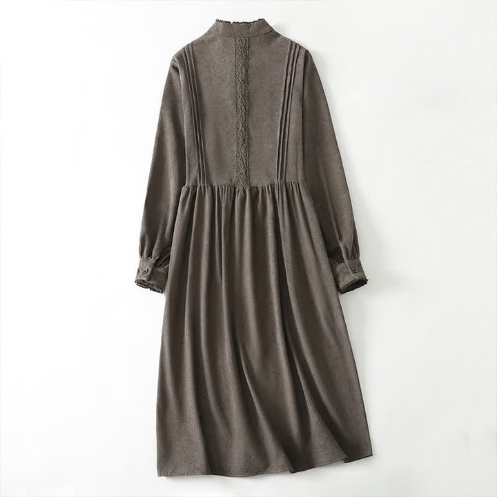 Buddha Stones Spring Fall Tang Style Vintage Button-Up Pleated Trim Solid Women's Long Sleeve Dress With Pocket - image 1