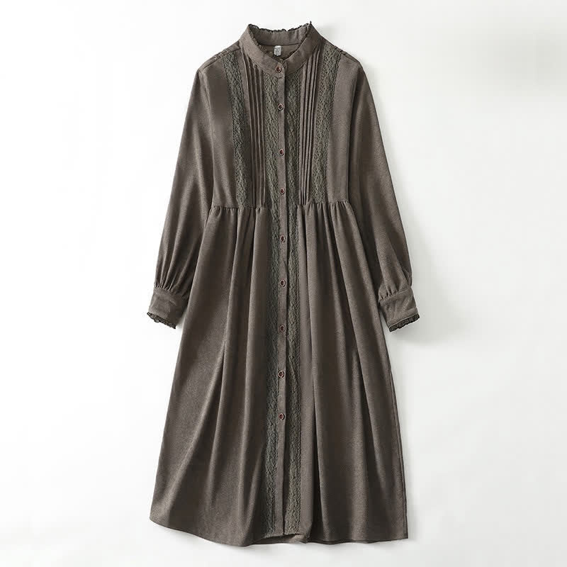 Buddha Stones Spring Fall Tang Style Vintage Button-Up Pleated Trim Solid Women's Long Sleeve Dress With Pocket - Olive - US14, UK/AU18, EU46 (2XL) - image 0
