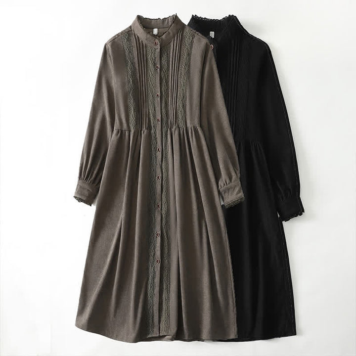 Buddha Stones Spring Fall Tang Style Vintage Button-Up Pleated Trim Solid Women's Long Sleeve Dress With Pocket - image 23