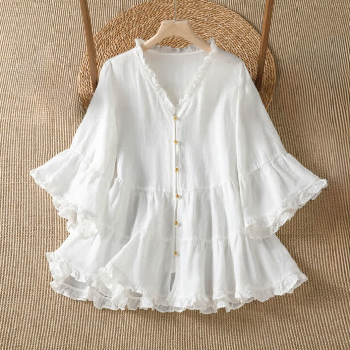 Buddha Stones Spring Summer Boho Button-Up Solid Women's Long Sleeve Shirts - White - US8-10, UK/AU12-14, EU40-42 (2XL) - image 8