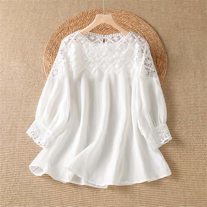 Buddha Stones Summer Elegant Casual Lace Solid Women's Long Sleeve T-Shirt - White - US8-10, UK/AU12-14, EU40-42 (2XL) - image 6