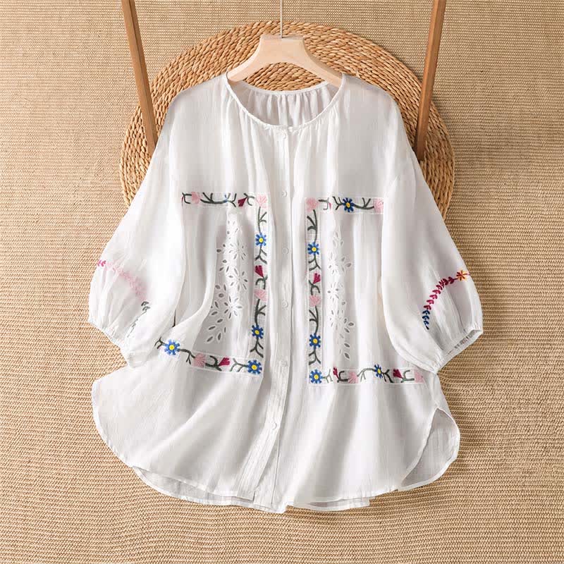 Buddha Stones Spring Summer Boho Embroidery Floral Women's Short Sleeve Shirts - White - US12, UK/AU16, EU44 (2XL) - image 0