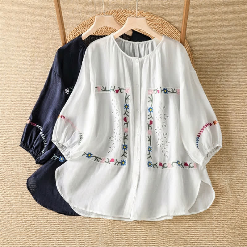 Buddha Stones Spring Summer Boho Embroidery Floral Women's Short Sleeve Shirts - image 9
