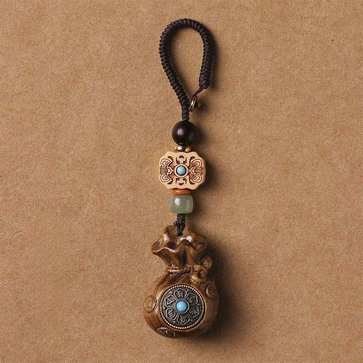 Buddha Stones Red Sandalwood Green Sandalwood Om Mani Padme Hum Blessing Chinese Coin Money Bag Design Serenity Keychains - Green Sandalwood - Keychain - image 8