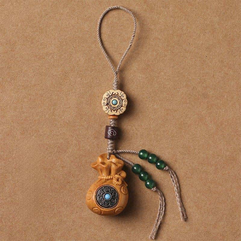 Buddha Stones Red Sandalwood Green Sandalwood Om Mani Padme Hum Blessing Chinese Coin Money Bag Design Serenity Keychains - Sandalwood - Phone Hanging Decoration - image 17