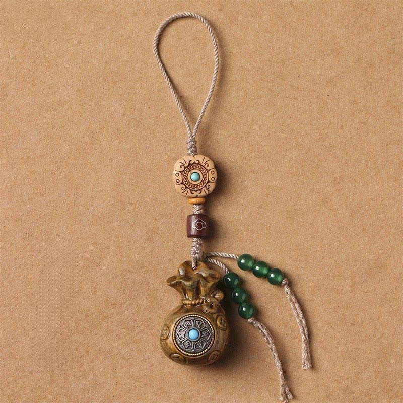 Buddha Stones Red Sandalwood Green Sandalwood Om Mani Padme Hum Blessing Chinese Coin Money Bag Design Serenity Keychains - Green Sandalwood - Phone Hanging Decoration - image 13