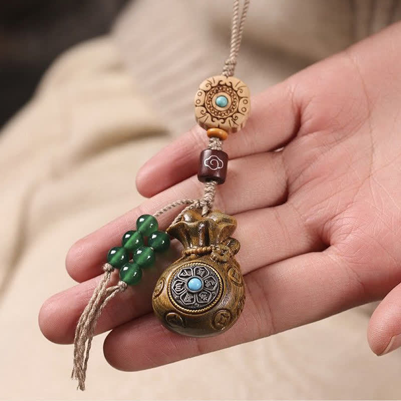 Buddha Stones Red Sandalwood Green Sandalwood Om Mani Padme Hum Blessing Chinese Coin Money Bag Design Serenity Keychains - image 10