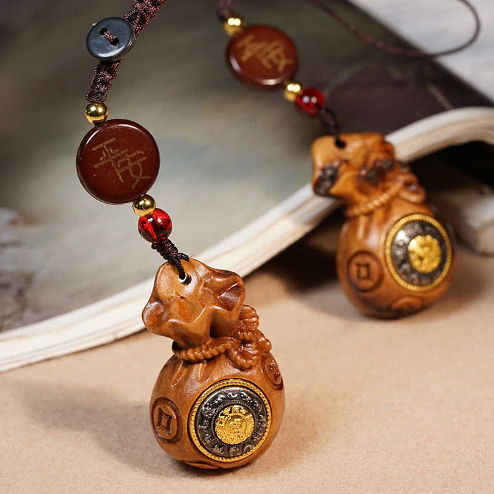 Buddha Stones Lightning Struck Jujube Wood Money Bag Chinese Coin Protection And Wealth Keychains - image 0